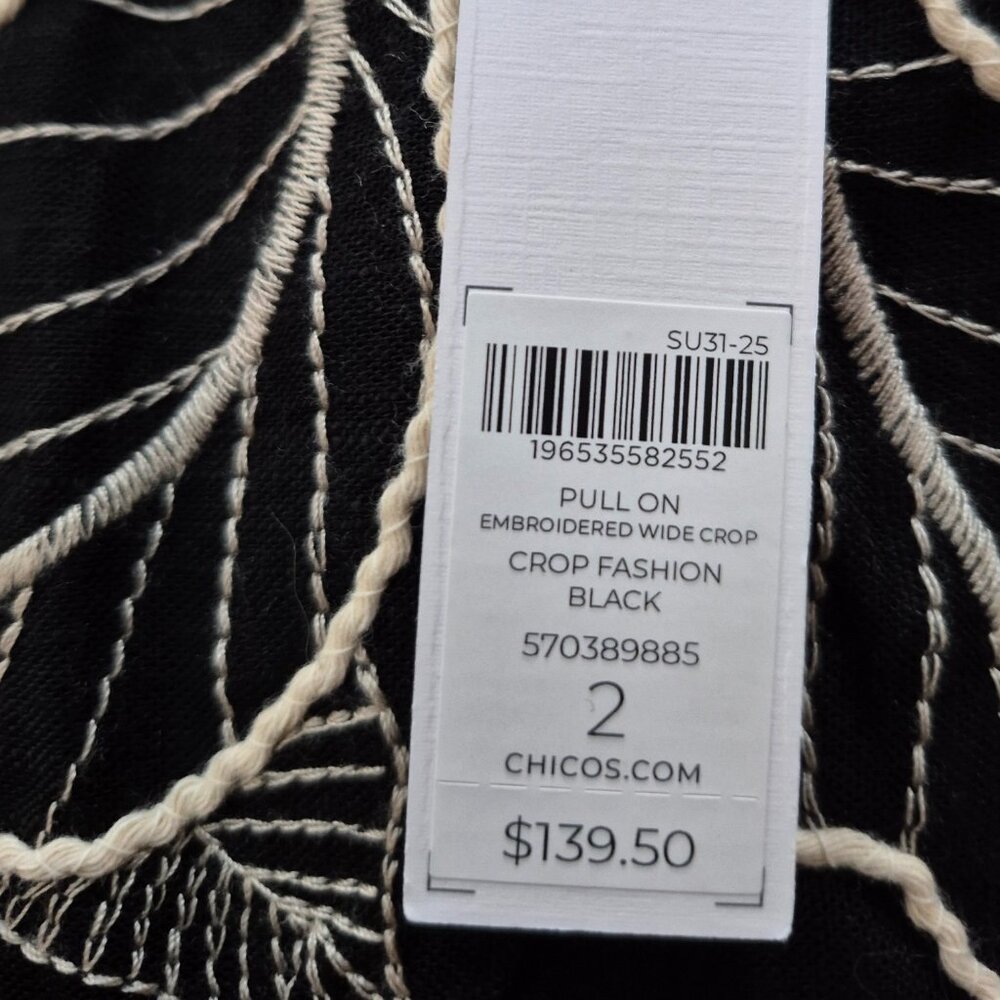 Chico's embroidered wide-leg cropped pants, black/neutral, sizes M and L - Picture 8 of 10